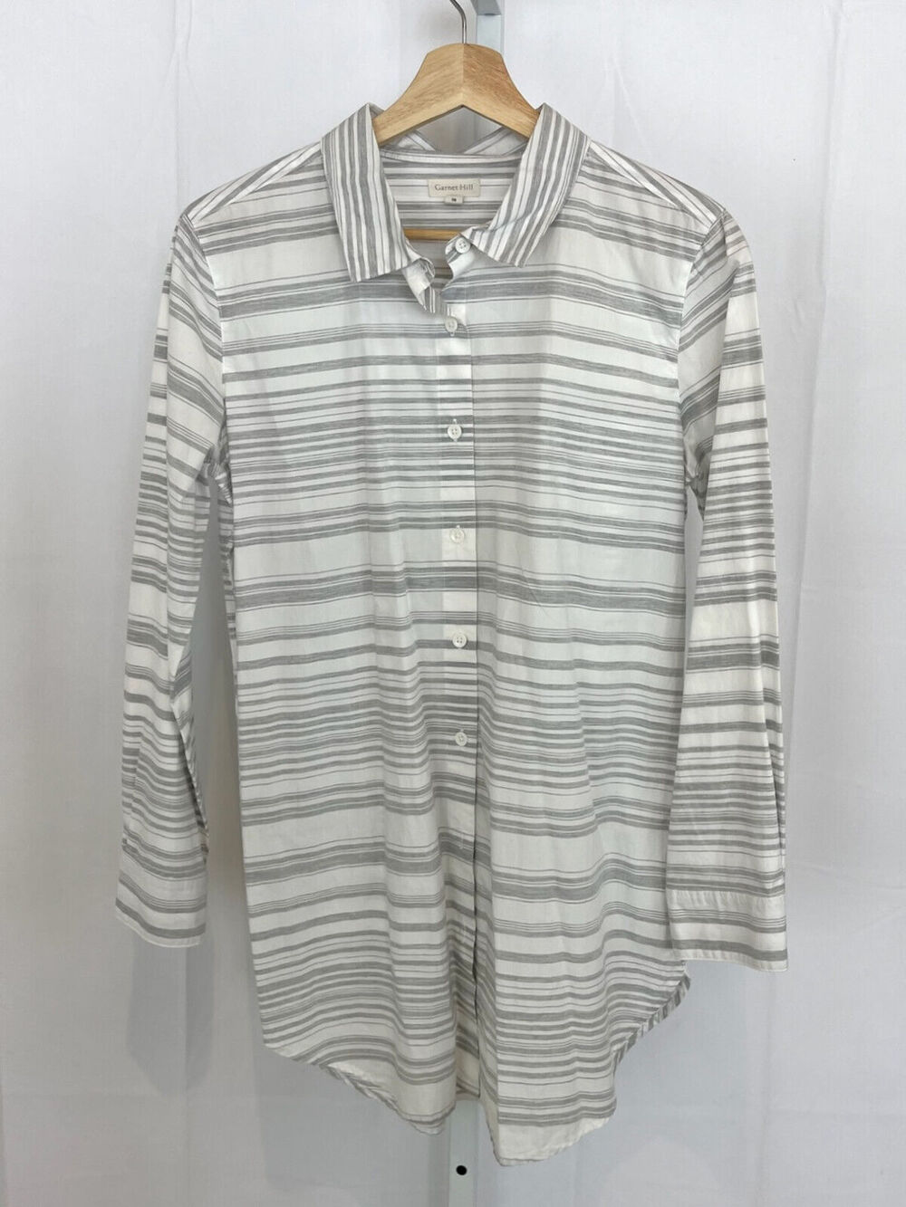 GARNET HILL Size 8 Organic Cotton Long Tunic Shirt Gray White Striped Button Up